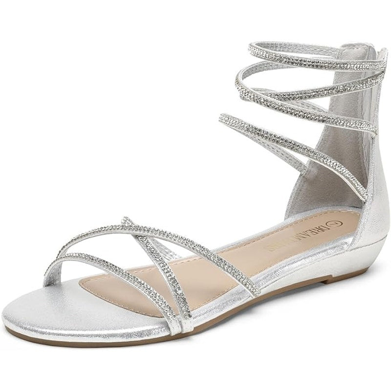 Dream Pairs Womens Size 8 Ankle Strap Silver Gladiator Rhinestone Flat Sandals