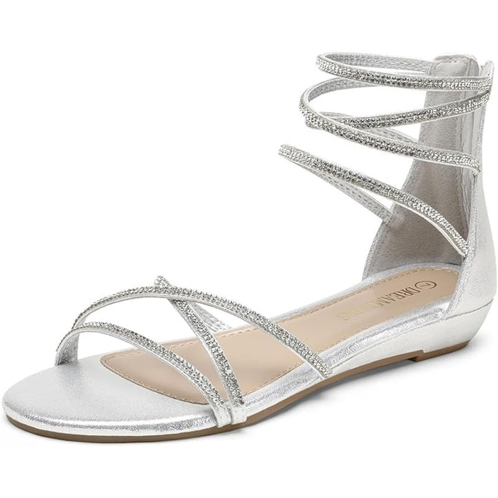 Dream Pairs Womens Size 8 Ankle Strap Silver Gladiator Rhinestone Flat Sandals