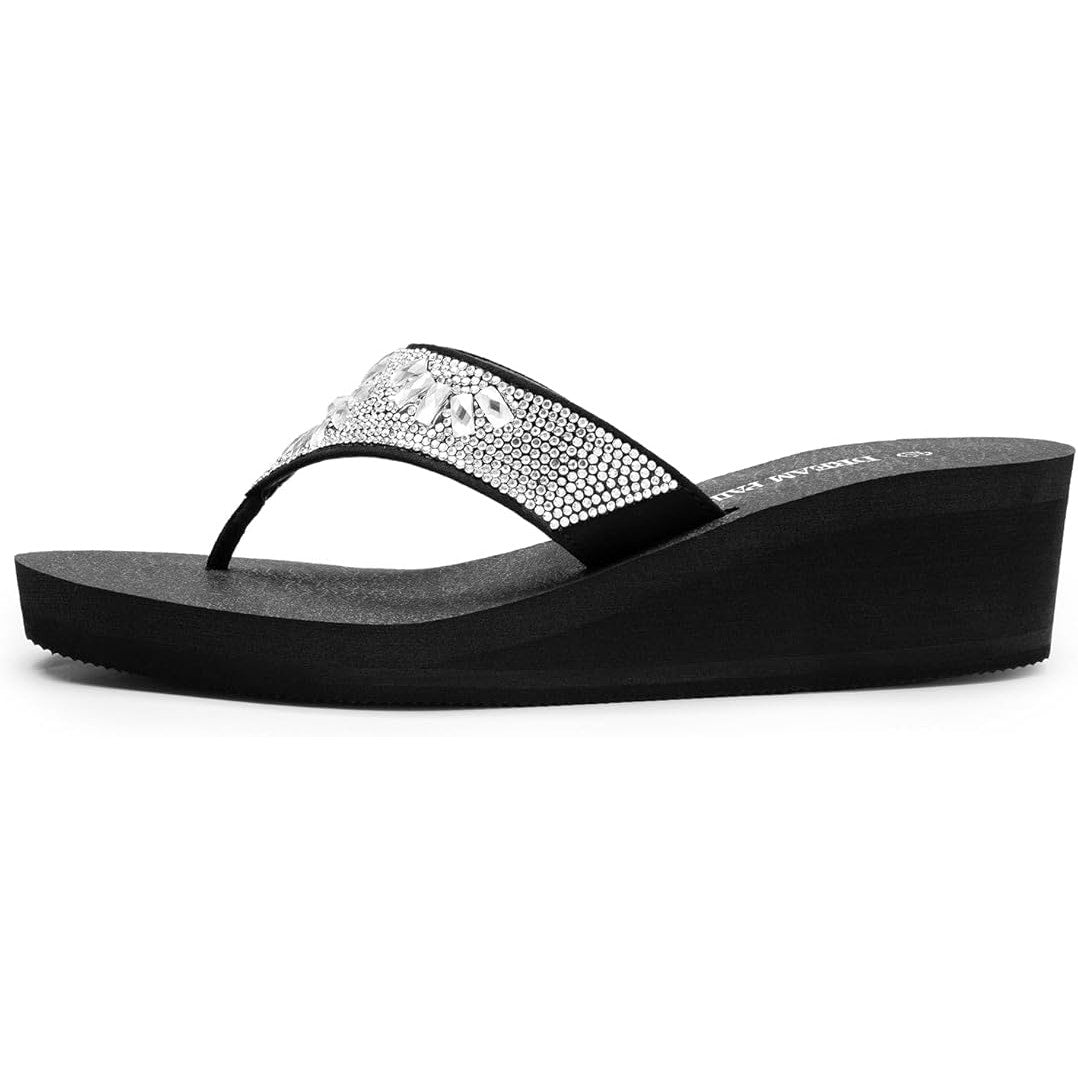 Dream Pairs Womens Size 7 Black Silver Rhinestone Platform Flip Flop Sandals