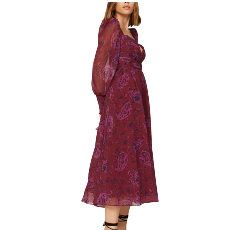 Badgley Mischka Size 6 Pink Purple Floral Flowy Open Back Long Sleeve Midi Dress