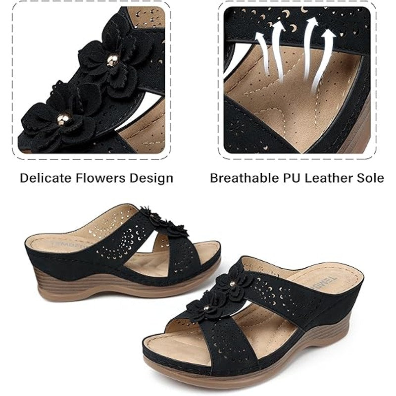 Temofon Womens Size 10.5 Black Faux Leather Slide On Flower Wedge Sandal Shoes