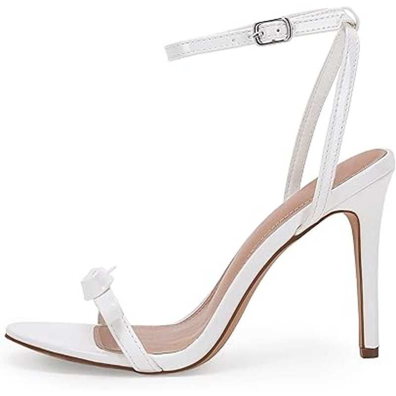 PiePieBuy Womens 7.5 White Bowknot Open Toe 4" Heel Ankle Strap Sandal Shoes