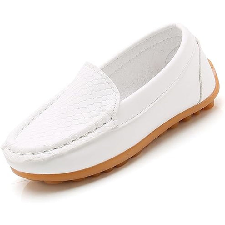New Fudaolee Baby Boy Size 5 White Faux Leather Slip On Non Skid Loafer Shoes