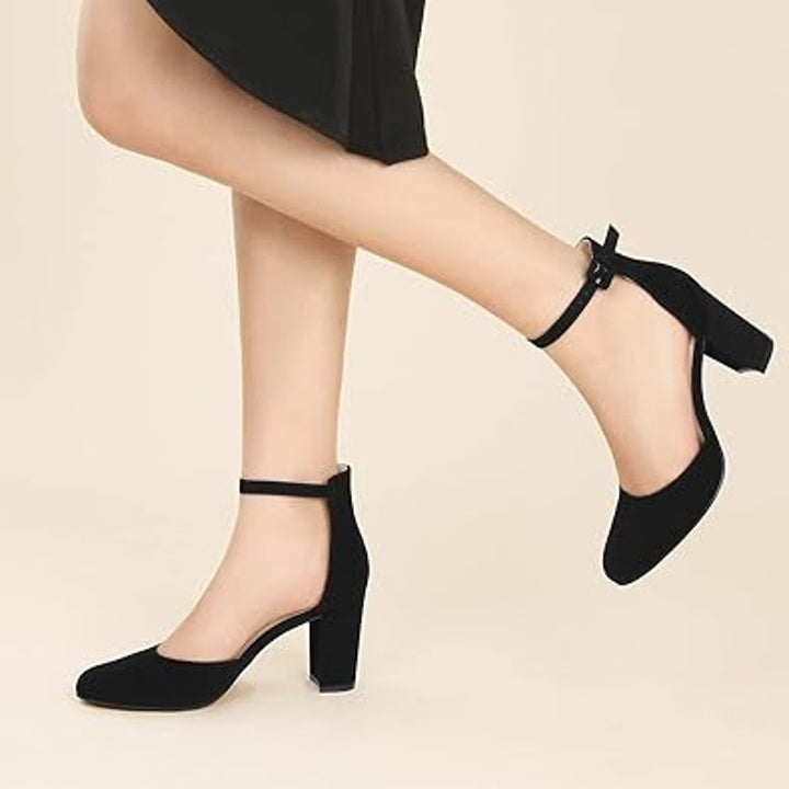 Ankis Womens Size 8 Black Faux Suede Closed Toe Ankle Strap 4" Heels Pumps Shoes