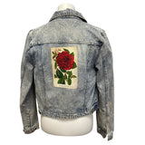 Hand Printed Upcycled Womens Medium Vintage Book Page Red Rose Jean Jacket
