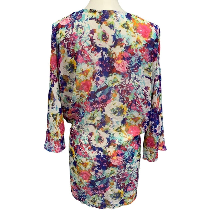 MOD Womens Medium Bright Floral Lightweight Flowy Front Tie Long Sleeve Coverup
