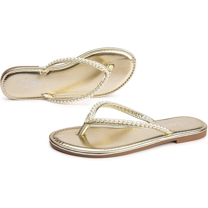 LM Womens Size 7 Shiny Gold Pearl Slide On Dressy Flip Flop Flats Thongs Sandals