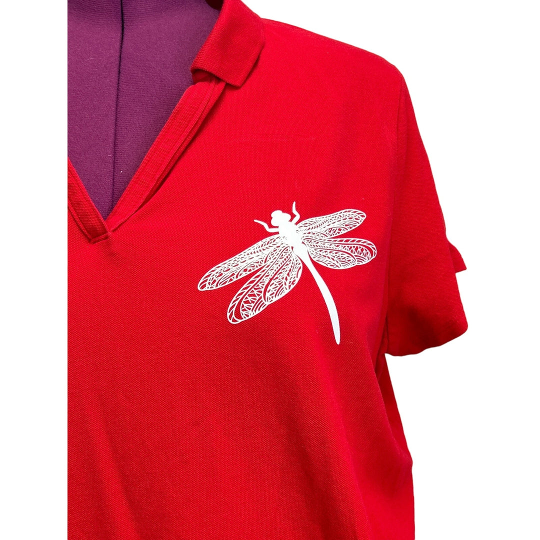 Hand Printed Upcycled Womens 3X Dragonfly Cotton Blend Collared Polo Shirt