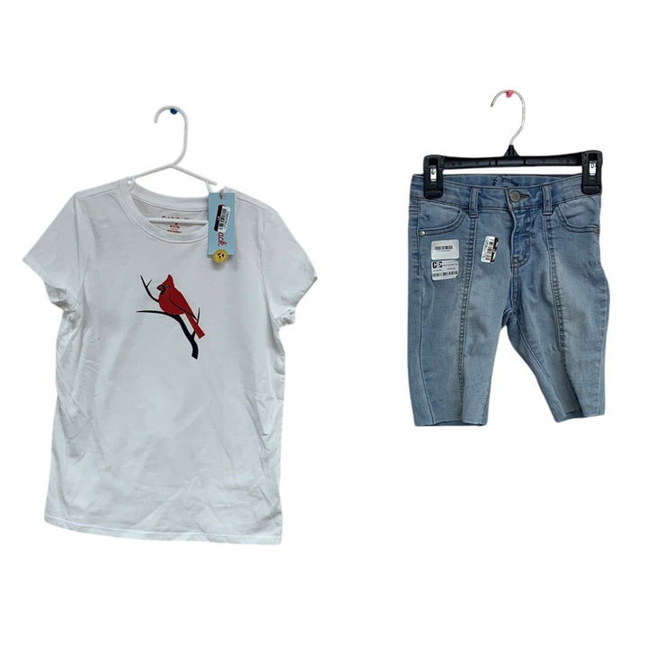 2 New Medium (7/8) Handprinted Cardinal T Shirt Size 6 Low Rise Denim Shorts