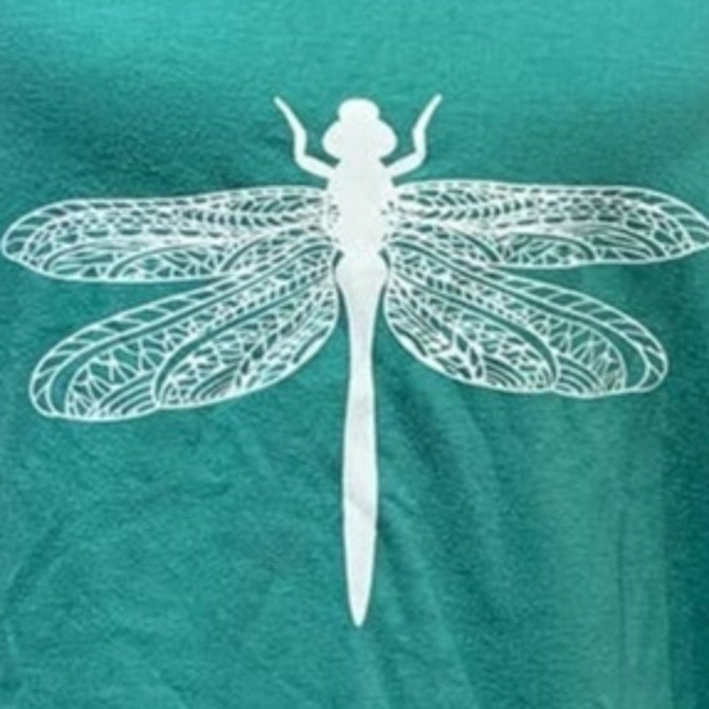 Hand Printed Upcycled Large Dragonfly on Green Cotton Blend V-Neck Tee