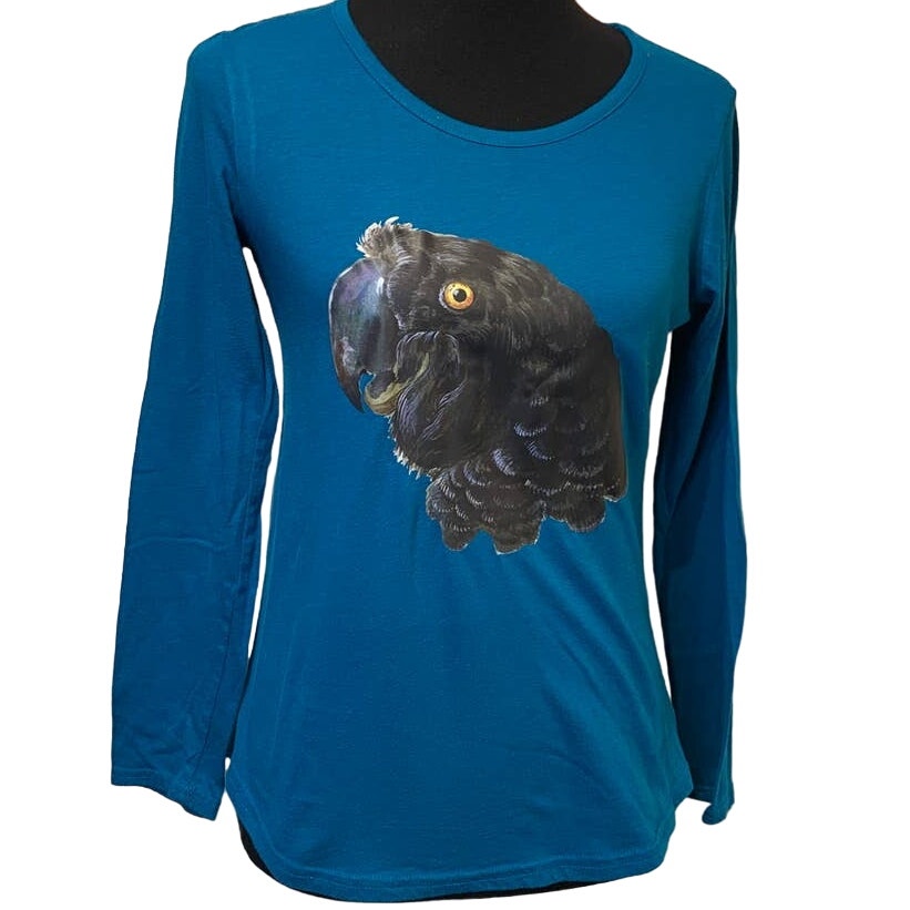 Upcycled Hand Printed Womens Medium Black Parrot Ukraine Artist Fundraiser Tee
