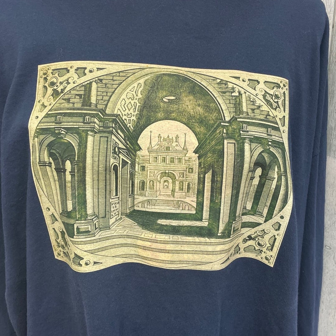 Hand Printed Mens 2X Upcycled Architecture Columns Castle Long Sleeve Tee Shirt