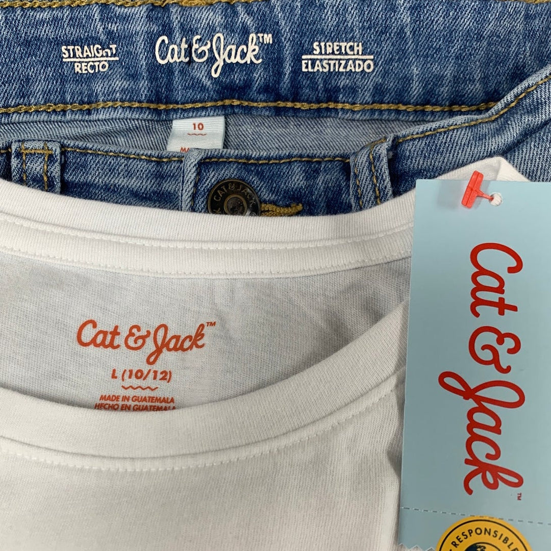2 NWT New Cat &amp; Jack Boys Large (10/12) White Tee Shirt Straight Denim Jeans