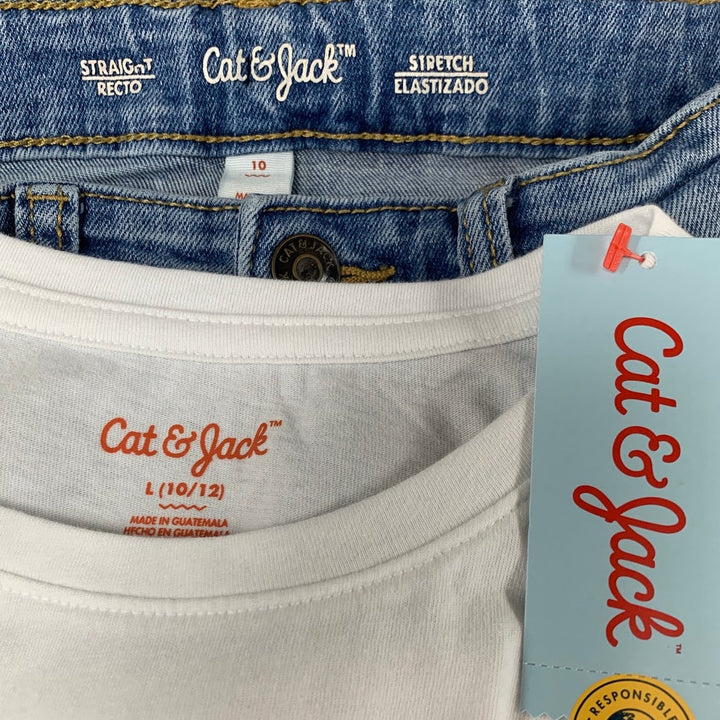 2 NWT New Cat &amp; Jack Boys Large (10/12) White Tee Shirt Straight Denim Jeans