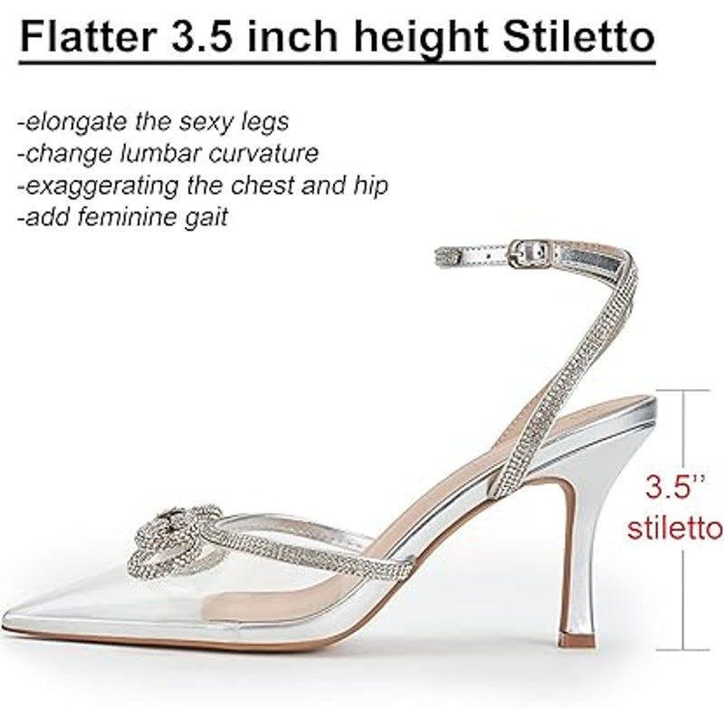 Ainrock Womens Size 8.5 SIlver Rhinestone Clear Strap Bow Wedding 3.5" Heels