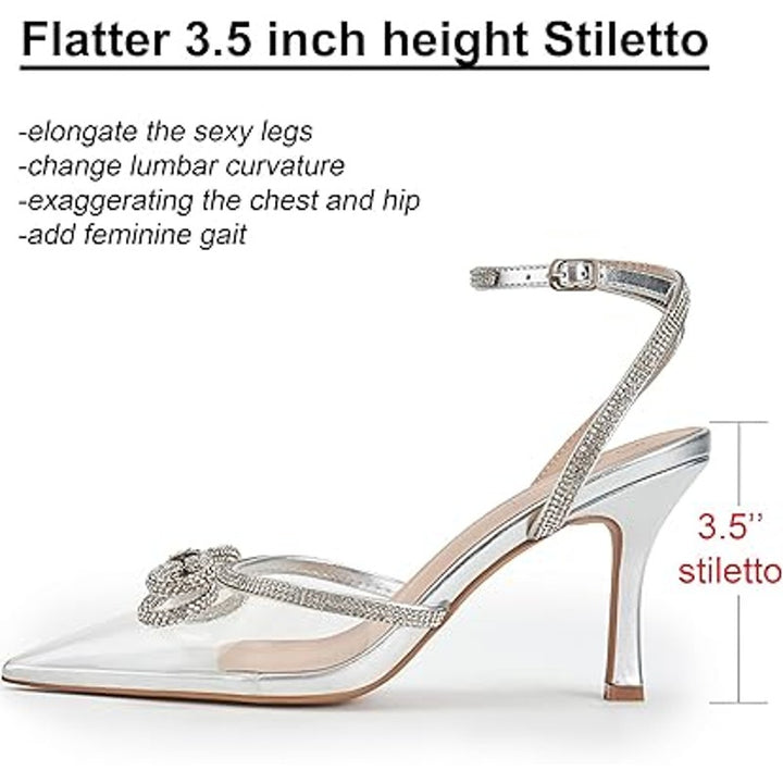 Ainrock Womens Size 8.5 SIlver Rhinestone Clear Strap Bow Wedding 3.5" Heels