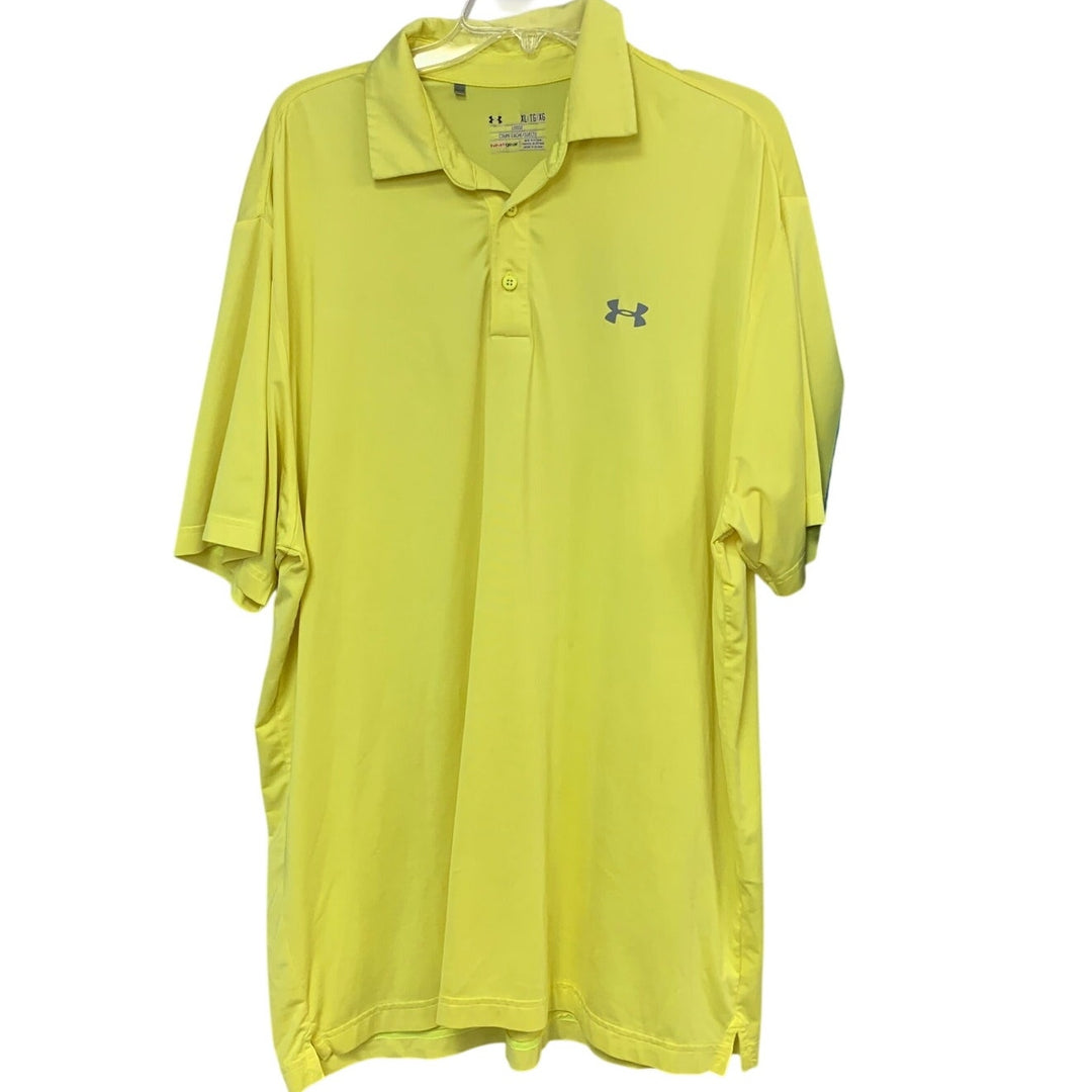 2 Under Armour Mens XL Blue Yellow Loose Heat Gear Short Sleeve Polo Shirts EUC