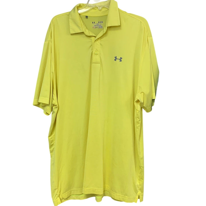 2 Under Armour Mens XL Blue Yellow Loose Heat Gear Short Sleeve Polo Shirts EUC