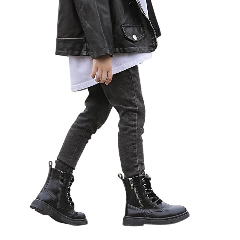 Dadawen Little Girls 13.5 Black Ankle Boots Lace Up Round Toe Side Zip Shoes