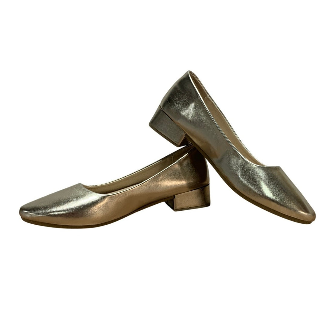 Jeekopeg Womens Size 9 Gold 1.25" Chunky Heel Round Closed Toe PU Leather Shoes