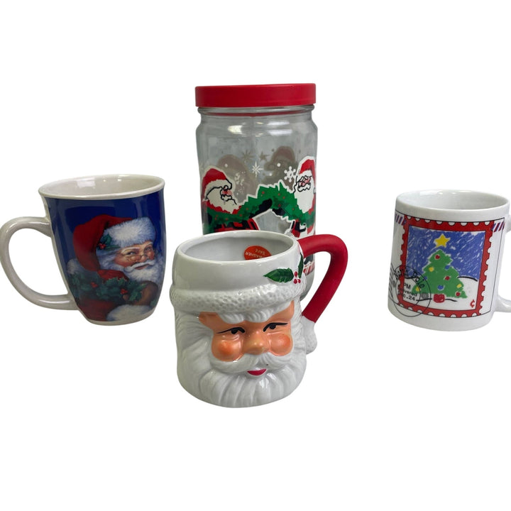 4 Piece Christmas Santa Claus Ceramic Mug Glass Storage Jar w Lid Holiday Lot