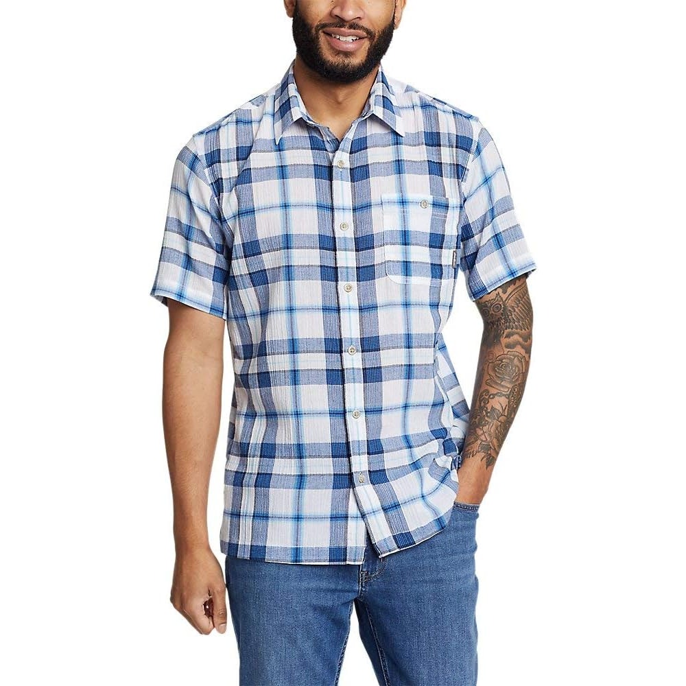 New Eddie Bauer Mens Small Ocean Plaid 100% Cotton Short Sleeve Button Up Shirt