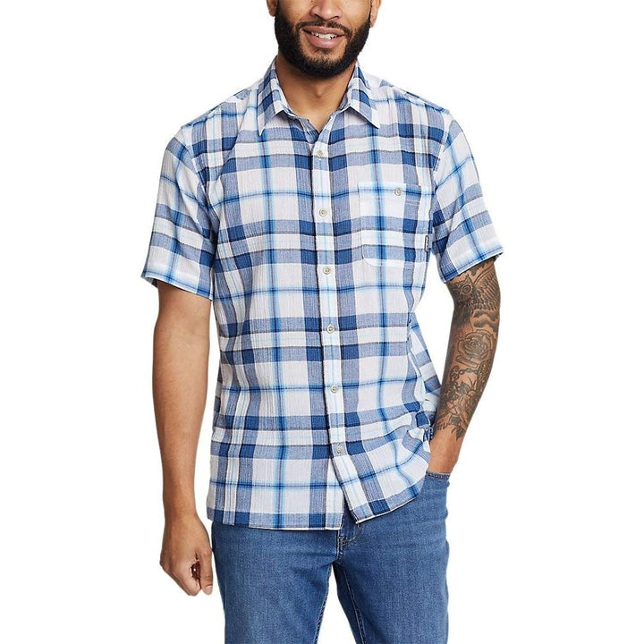 New Eddie Bauer Mens Small Ocean Plaid 100% Cotton Short Sleeve Button Up Shirt