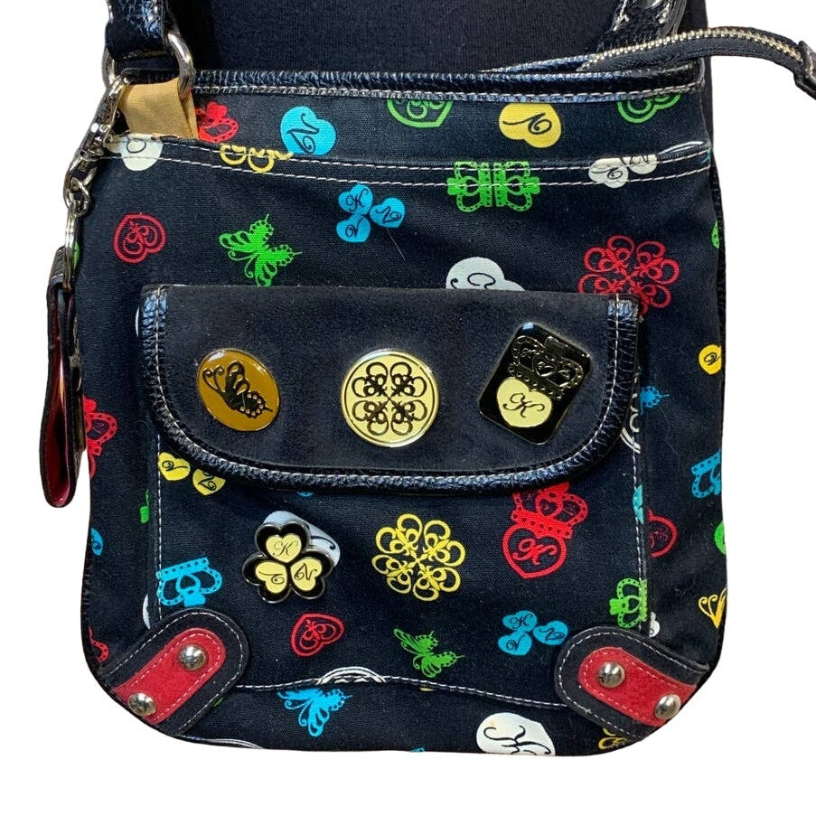 Kathy Van Zeeland Black Canvas Crossbody Purse Lots of Zip Pockets Keychain