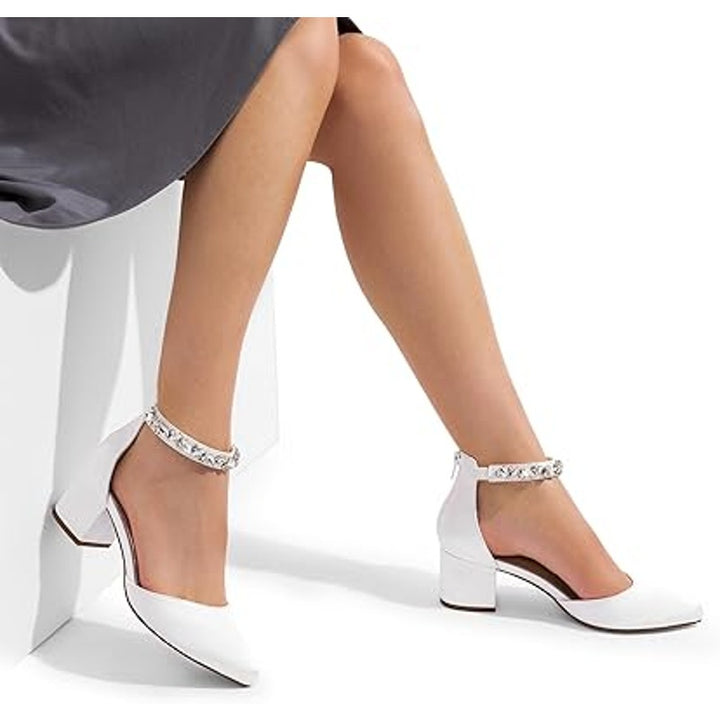 Dream Pairs Womens 9 White Satin Pointy Toe 2.25" Block Heel Ankle Strap Shoes
