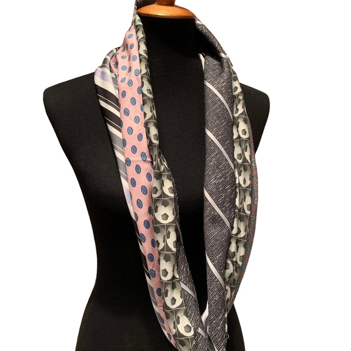 Handmade Upcycled Soccer Ball Necktie Infinity Scarf, Pink &amp; Gray