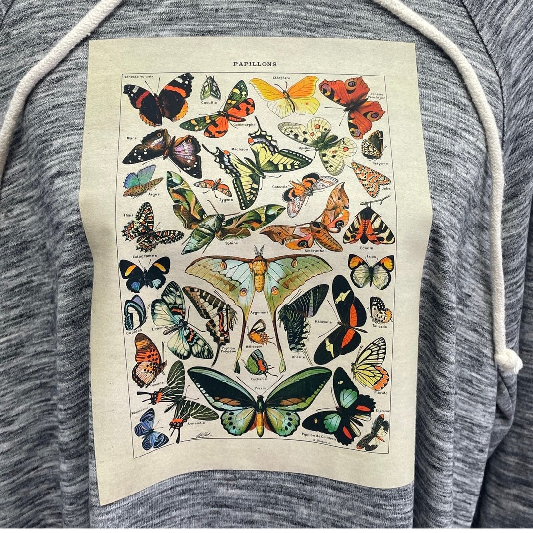 Hand Printed Upcycled Womens Large Vintage Reference Book Butterfly Page Hoodie