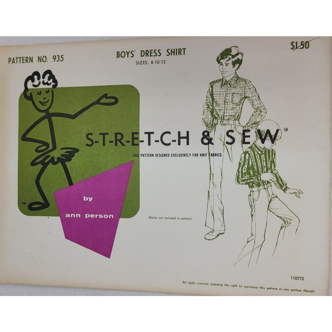 Vintage 1967 Stretch &amp; Sew 935 Boys Dress Shirt Uncut Sewing Pattern