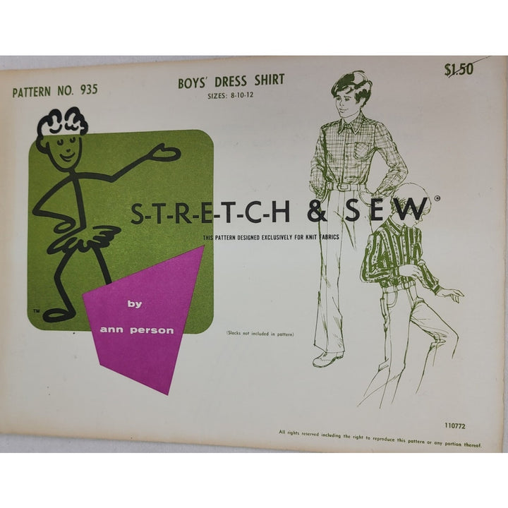 Vintage 1967 Stretch &amp; Sew 935 Boys Dress Shirt Uncut Sewing Pattern