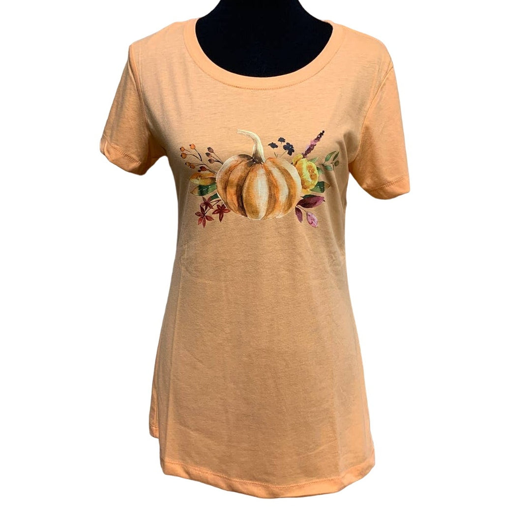 New Hand Printed Medium Pumpkin Autumn Fall Flower Cotton Blend Short Sleeve Tee
