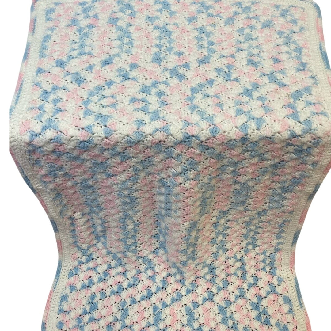 Handmade Blue Pink White Acrylic Yarn Crocheted Baby Blanket Afghan Throw
