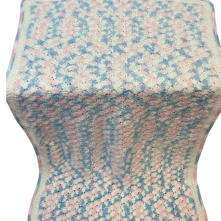 Handmade Blue Pink White Acrylic Yarn Crocheted Baby Blanket Afghan Throw