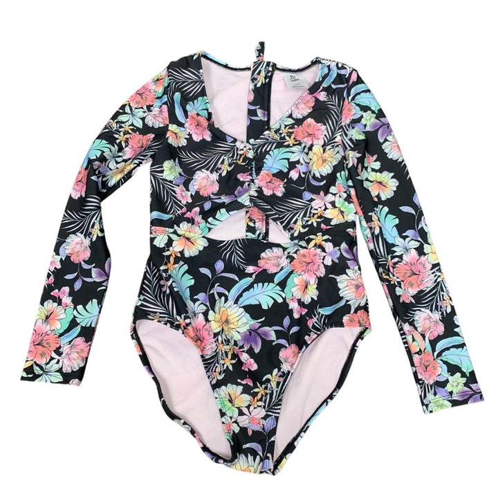 New Art Class Girls Medium (8) Keyhole Front Long Sleeve Floral 1PC Swimsuit