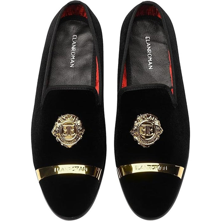 Elanroman Mens Size 9 Black Velvet Gold Slip On Low Heel Loafers Formal Shoes