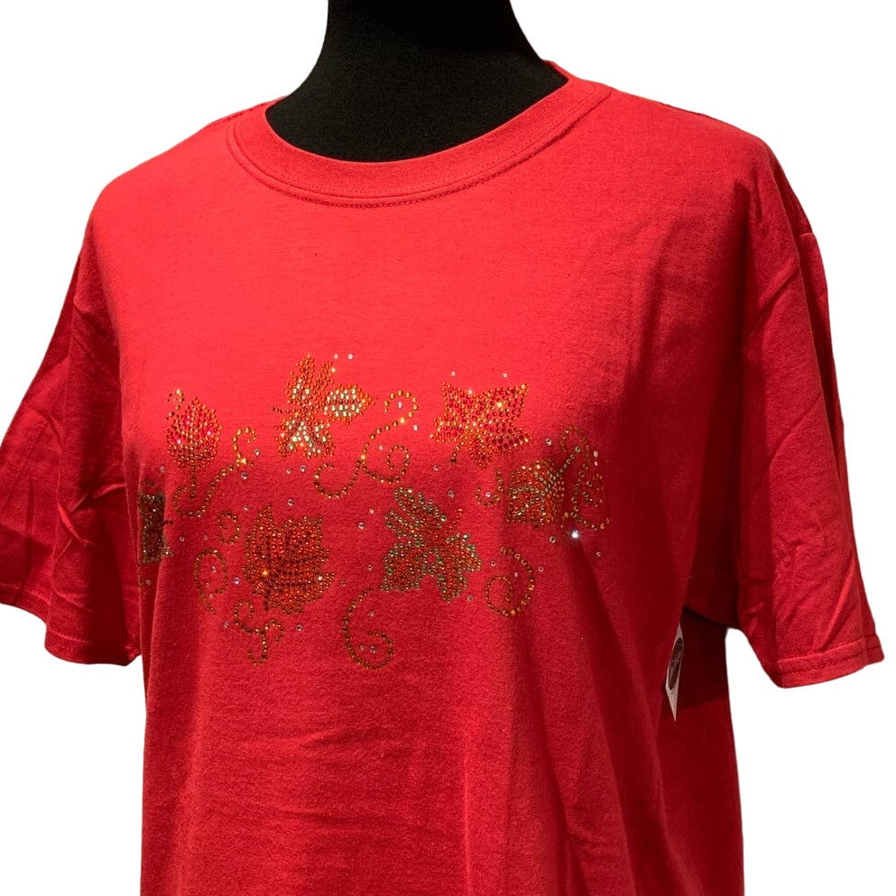 New Hand Printed Large Cotton Rhinestone Fall Autumn Leaves Red Short Sleeve Tee