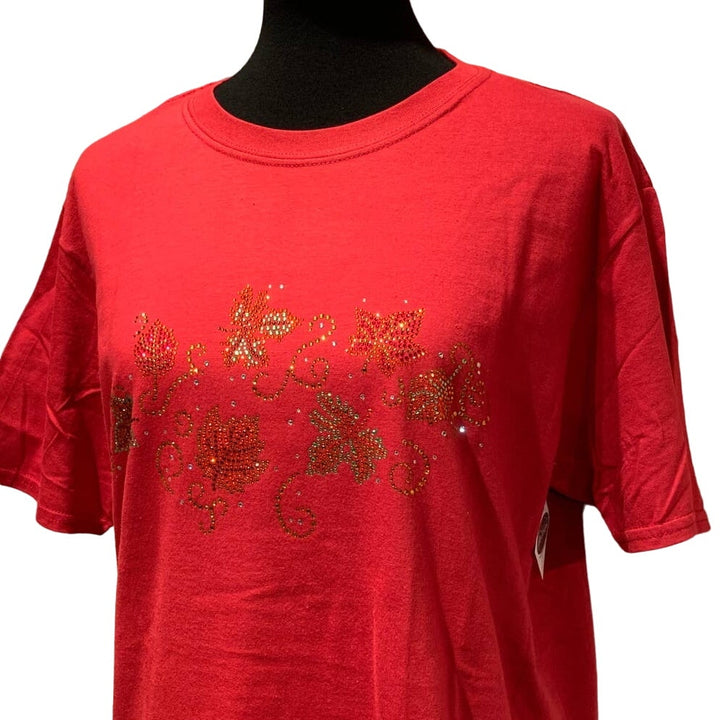 New Hand Printed Large Cotton Rhinestone Fall Autumn Leaves Red Short Sleeve Tee