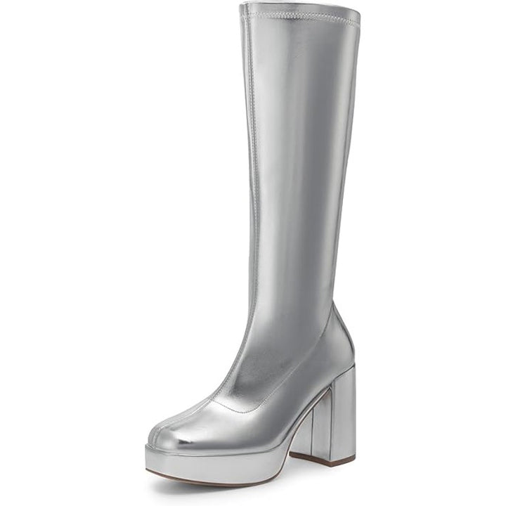 Dream Pairs Womens Size 8 Shiny Silver Zip 4" Platform Heel Knee High Gogo Boots