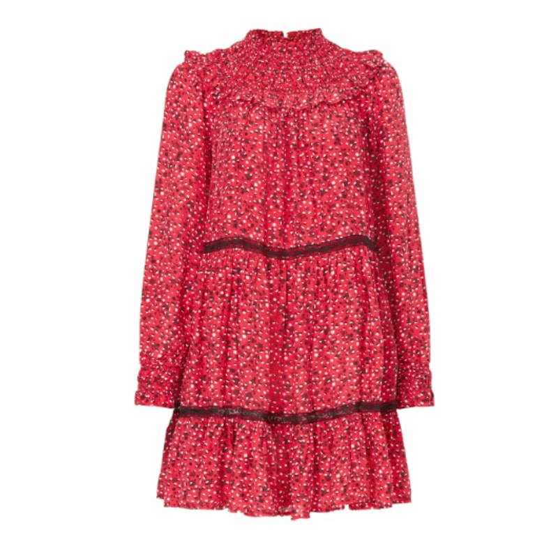 Scotch &amp; Soda Womens XL Red Floral Crepe Long Sleeve Smocked Cottage Shift Dress