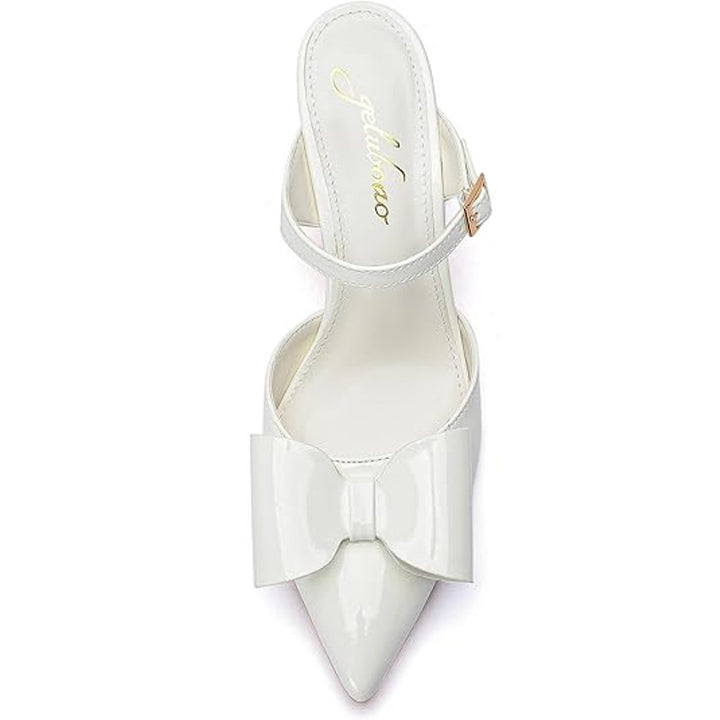 Geluboao Womens Size 7.5 White Faux Leather 3.5" Heel Closed Toe Bow Pump Shoes