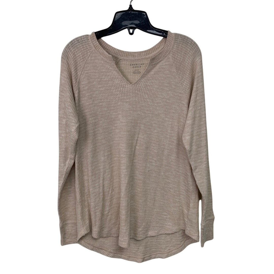 New American Eagle Womens Medium Heathered Waffled Long Sleeve V Neck Top