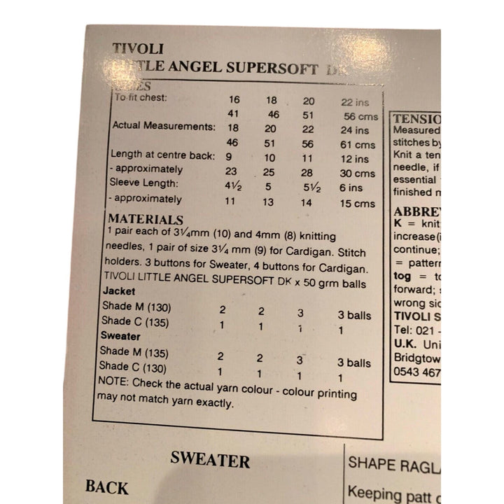 New Tivoli Little Angel Child Supersoft DK Jacket &amp; Sweater Knitting Pattern