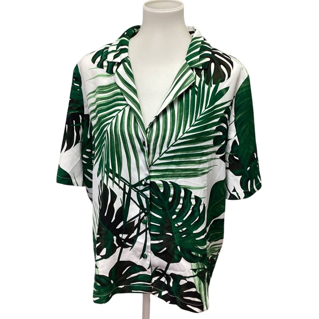 Worthington Womens XL Short Sleeve Button Down Fern Leaves 100% Polyester Shirt
