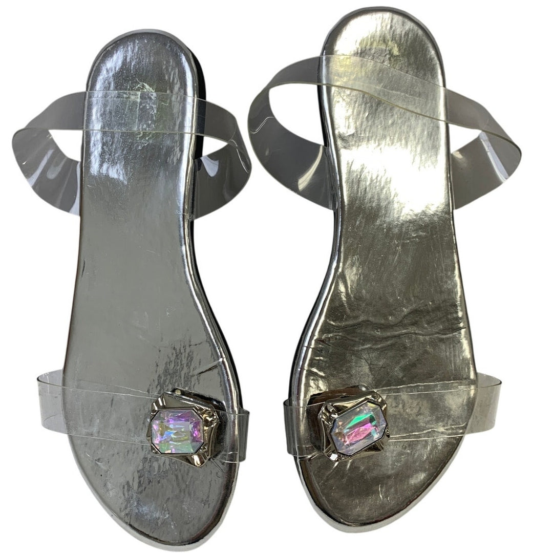Womens Size 6.5 Silver Clear Sandal Strappy Gem Open Round Toe Shoes