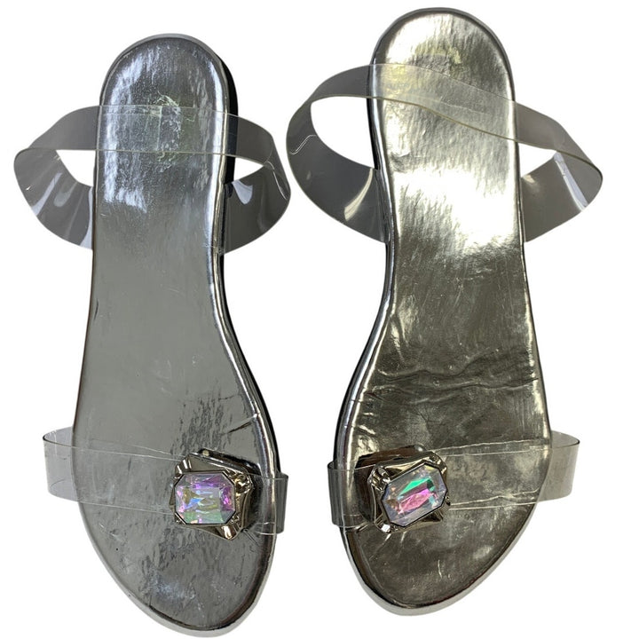 Womens Size 6.5 Silver Clear Sandal Strappy Gem Open Round Toe Shoes