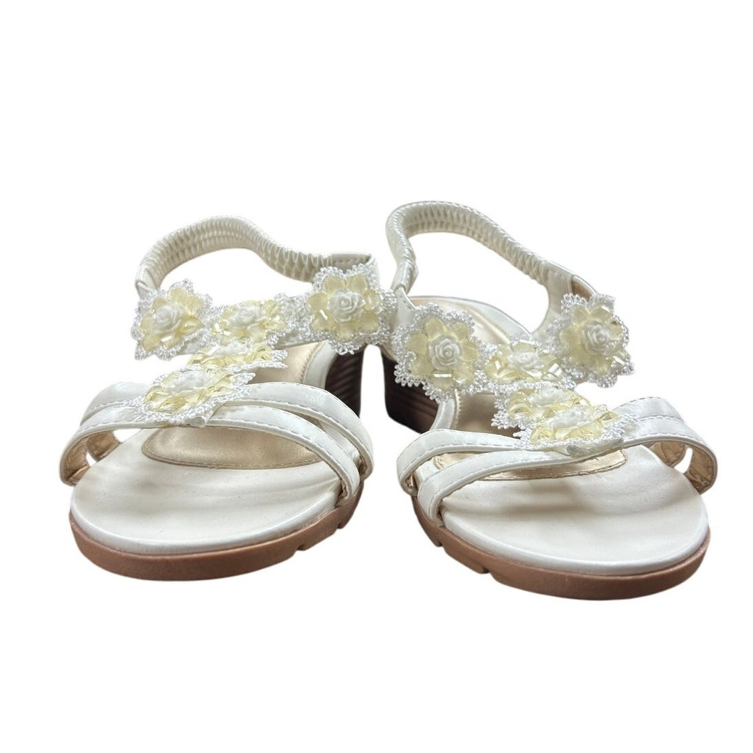 Shibever Womens 9.5 White Elastic Strap Open Toe Flower 2.25" Wedge Heel Shoes