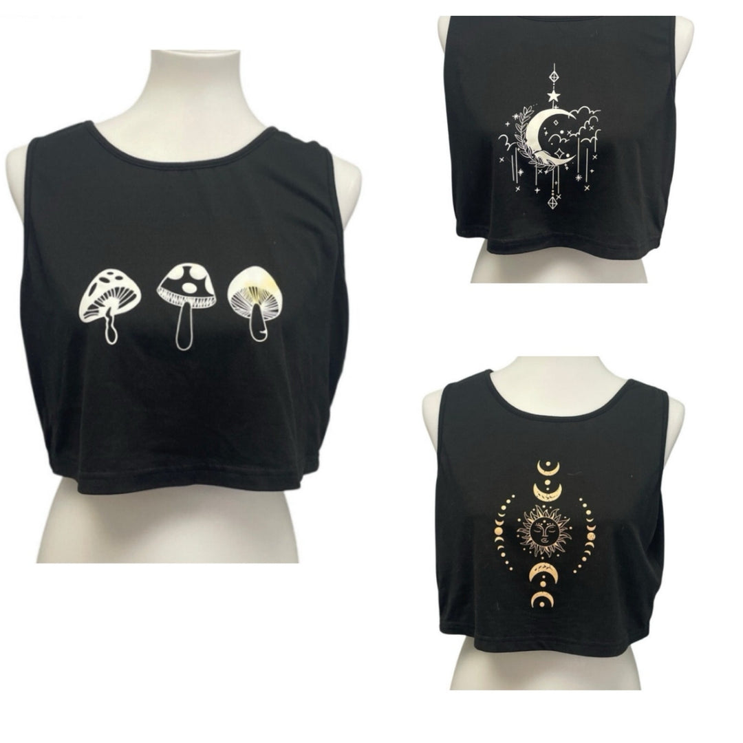 Lot of 3 Womens XL 100% Polyester Mushroom Sun Moon Cropped Tank Tops